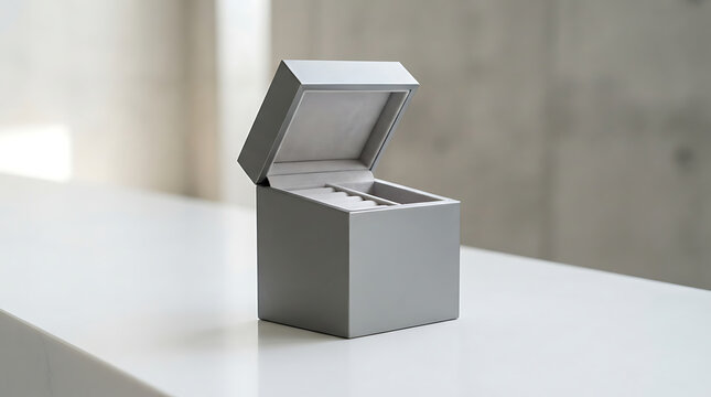 Open square grey gift box with soft interior for jewelry or watch, placed on white surface isolated on a transparent background