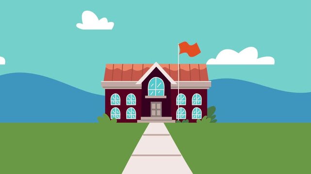 Animated school building with a red flag waving, set against a backdrop of rolling hills and sky.