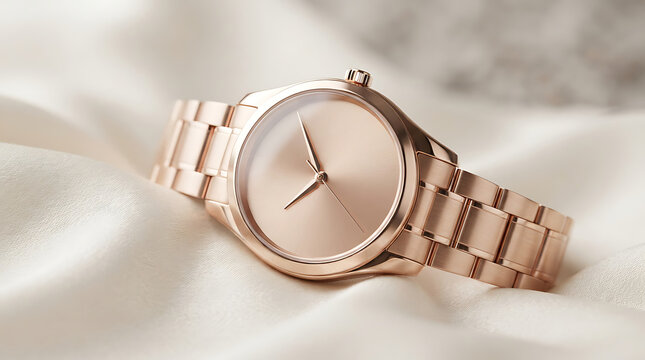 Rose gold minimalist wristwatch with smooth metal band resting on soft cream silk fabric, close-up studio shot isolated on a transparent background