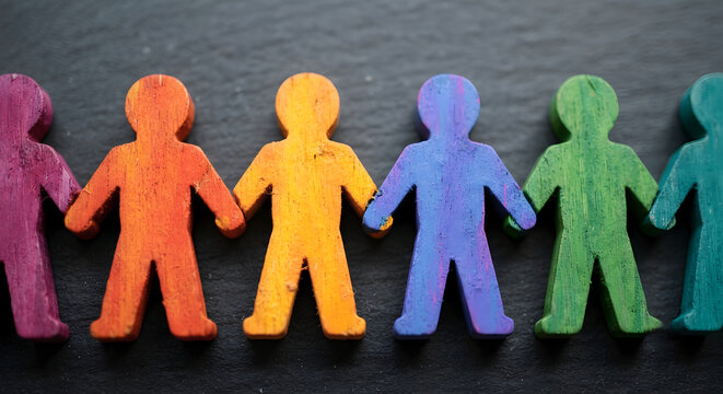 A line of colorful wooden toy figures holding hands against a dark textured background.