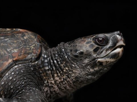 Close up portrait of a turtle head isolated on a black background