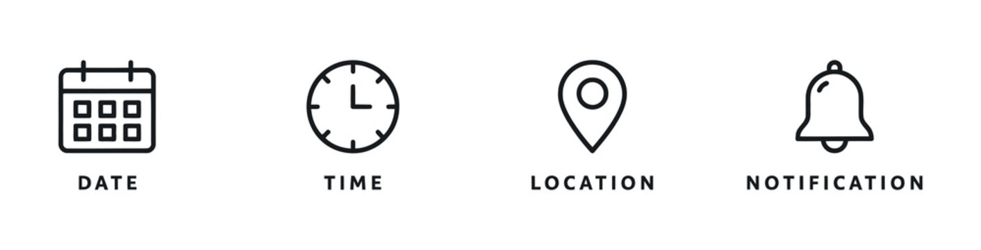 Four flat line icons representing date calendar clock map