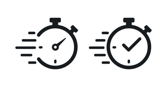 Stopwatch icons with speed lines and checkmark on transparent backdrop