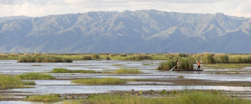 View of fishermen in dugout canoes on a lake with lush reeds and mountains in the background in Malawi.