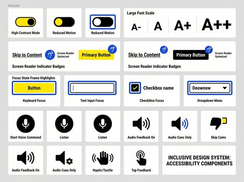 Accessible UI Component Kit Vector with Web Accessibility Interface Controls, High Contrast Toggles and WCAG Compliant App Elements for UI Design Systems