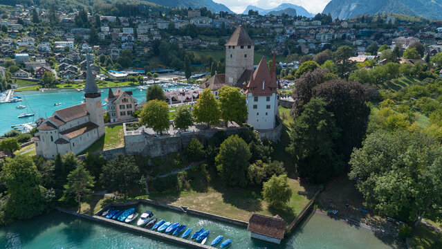 Spiez town and church on the shore of Lake Thun, Switzerland