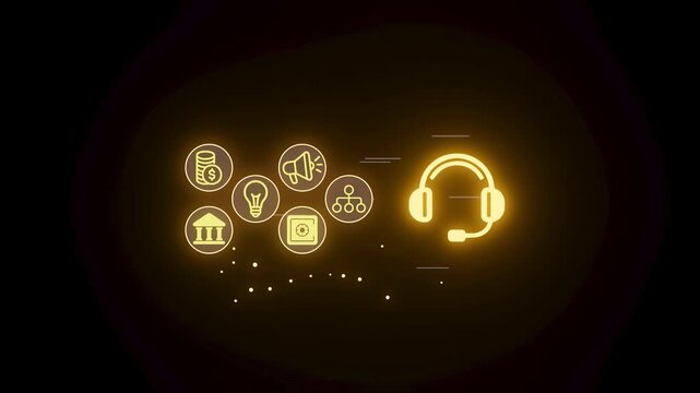 Different icons represent finance, communication, and support in a digital design. The scene shows various shapes and colors that create a modern look.