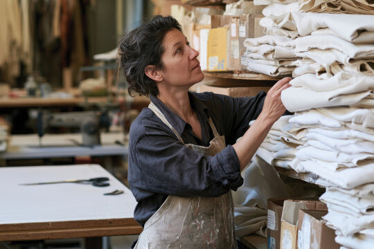A dedicated artisan organizes fabric rolls in a creative workspace, showcasing the craftsmanship and attention to detail involved in textile art and design.