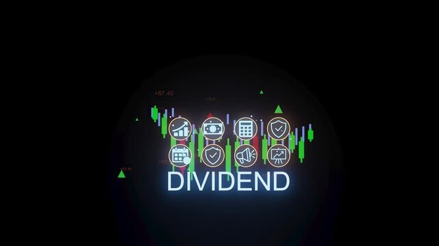 A digital display shows a financial chart with various icons related to dividends and investment. Stock market data is visible, indicating active trading.