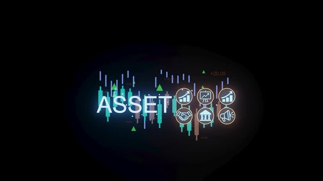 Data shows trends in asset values with various icons representing trading, investment, and economic indicators. The setting is digital finance.