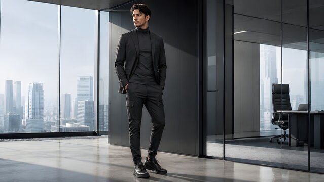 Full body portrait of handsome businessman in black techwear suit standing inside high rise modern office with city view.