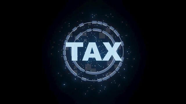 Tax is shown with digital graphics and glowing effects on a dark background. This scene takes place at a technology event showcasing modern concepts and innovations.