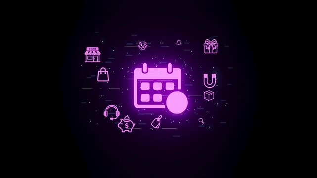 A calendar icon is at the center of the graphic surrounded by symbols of shopping bags, gifts, coins, and other related items. The design is colorful and modern.