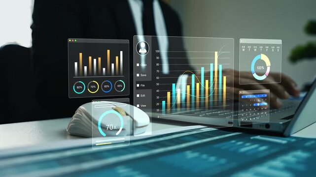 Holographic business analytics dashboard on laptop, Business professional working on a laptop with transparent data charts, financial graphs and analytics dashboard