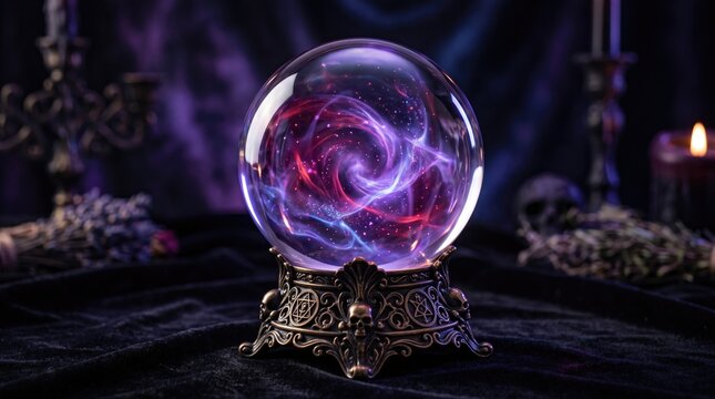 A glowing crystal ball with swirling purple and red smoke for a mysterious and magical halloween celebration theme