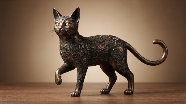 A decorative bronze statue of a black cat standing on a wooden table for a spooky halloween celebration theme