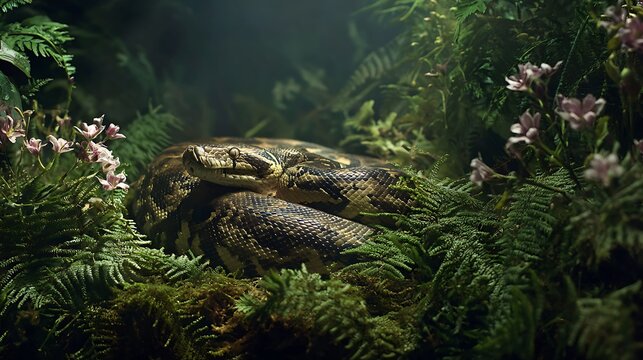 Large python coiled in lush green jungle foliage a wild reptile resting peacefully amidst ferns and small flowers concept of nature and wildlife