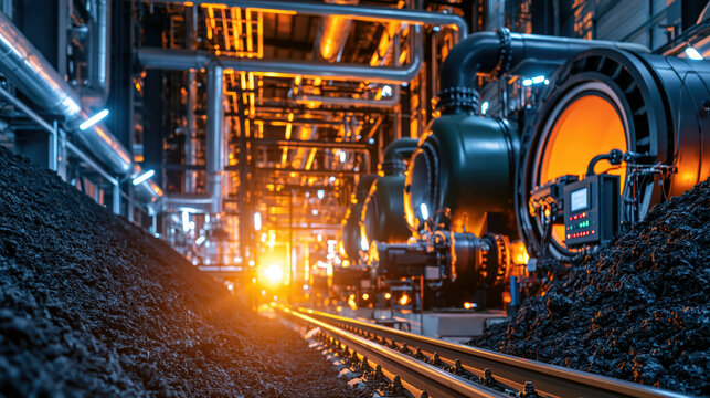 Industrial facility with railway and dark soil feedstock under warm light