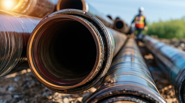 Large steel pipeline section lying parallel on rocky ground, with worker and open pipe end under clear daylight