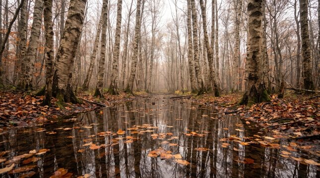 Birch tree trunks reflected in shallow forest water during autumn season on foggy day. Concept of pale, water reflection, autumn leaves.