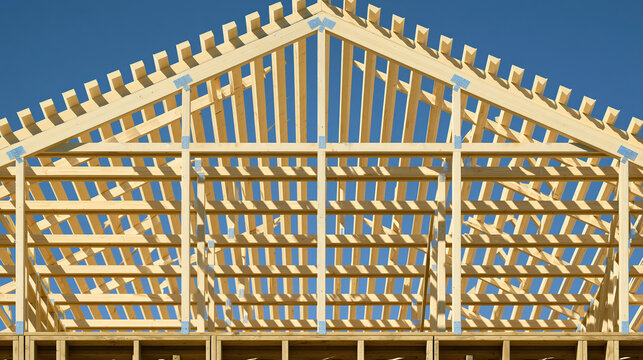 Newly constructed residential timber roof frame beneath clear blue sky