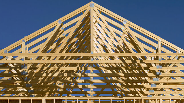 Newly constructed residential timber roof frame viewed against clear blue sky in bright sunlight during building construction phase