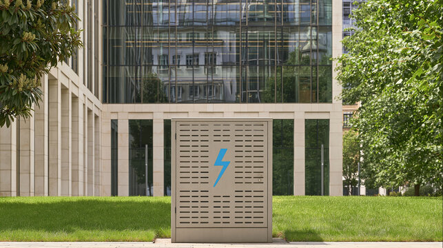 Outdoor power control cabinet in landscaped courtyard beside modern glass office building