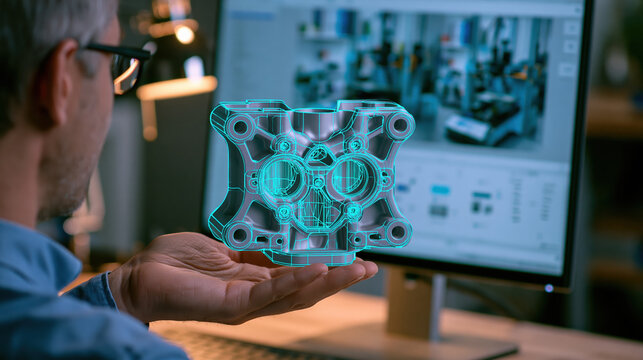 Precision 3D printed machine component held by engineer before computer screen, showcasing digital manufacturing and technical design