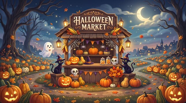 Spooky Halloween Market Illustration with Jack O Lantern Pumpkins Black Cats and Ghost for Autumn Holiday Banner Decor