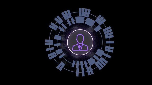A digital design shows a person in the center with lines of data and circles around them. The background is dark. This artwork may represent technology or data usage in modern life.