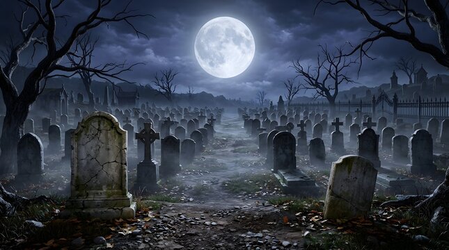 A spooky graveyard with old tombstones under a bright full moon in a dark misty night sky background