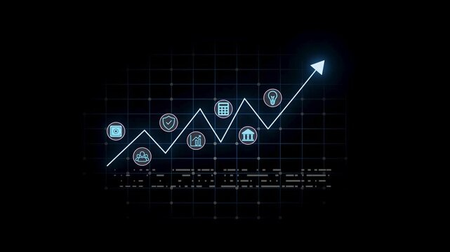 A graph displays an upward trend with multiple icons that symbolize growth in different areas such as business, technology, and success. The graph uses a dark background with bright elements.