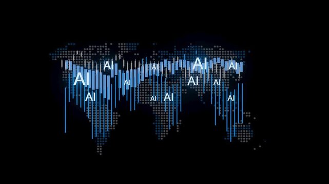 A world map displays a pattern of vertical bars and letters representing the presence of AI technology. The data highlights various regions and trends around the globe related to AI usage.