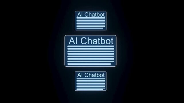 Multiple text boxes display the words AI Chatbot in blue against a dark background. The boxes vary in size and are arranged in a vertical layout.