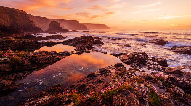 Golden Hour Coastal Rock Pools with Reflective Ocean Water