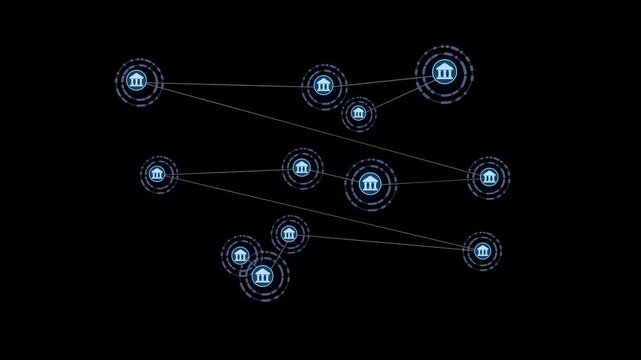Multiple nodes interconnected by lines, representing banks in a digital network. Each node features a building icon, indicating financial institutions. The background is black.