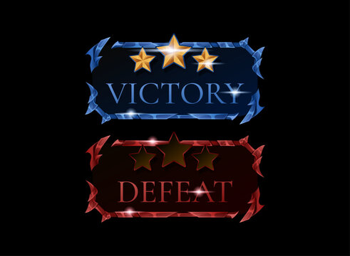 Fantasy victory and defeat game UI banners with star ratings, metallic blue and red frames, glowing effects, and bold labels for esports, RPG, tournament, and reward screens.