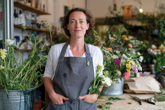 A confident female florist stands proudly in her flower shop, surrounded by colorful blooms and lush greenery that create a vibrant and welcoming atmosphere.