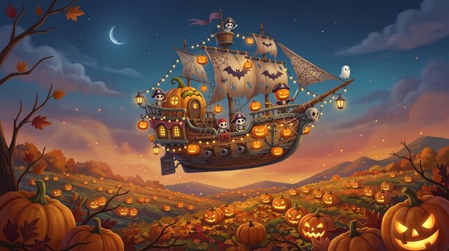 Halloween Pirate Ship Flying Over Pumpkin Patch Illustration Banner for Seasonal Celebration Magical Autumn Party Night