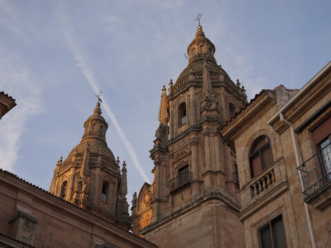 View of the ornate towers of the New Cathedral of Salamanca in Salamanca, Castile and Leon, Spain.