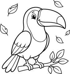 Fototapeta premium Cute toucan bird sitting on a branch with leaves, black and white coloring page for kids