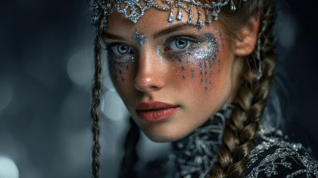 Young woman with glitter makeup and braids