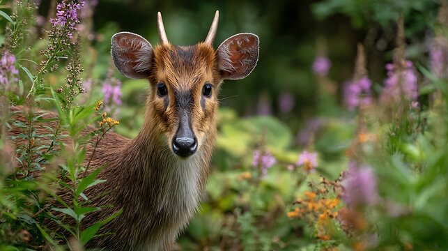 Muntjac deer with small antlers peeking through lush green foliage and wildflowers a close-up portrait in a natural woodland setting