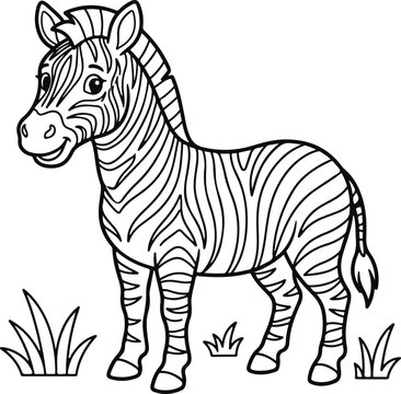 Cute cartoon zebra standing in the grass, coloring page for children, black and white vector illustration