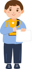 Fototapeta premium Student boy holding a medal and blank certificate