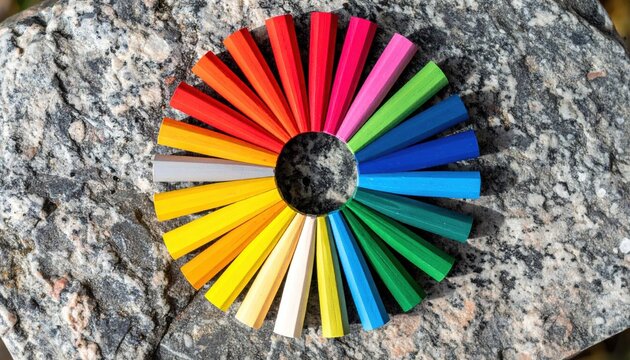 Vibrant rainbow circle of sharpened colored pencils arranged on a textured natural surface