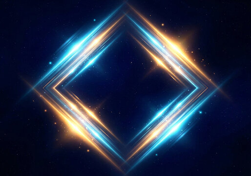 Glowing diamond shape with blue and gold light streaks on a dark abstract background