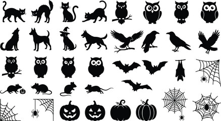 Fototapeta premium Halloween animal silhouette icon collection, spooky cats owls wolves bats spiders pumpkins skulls witch hat ravens rats vector EPS10 SVG design