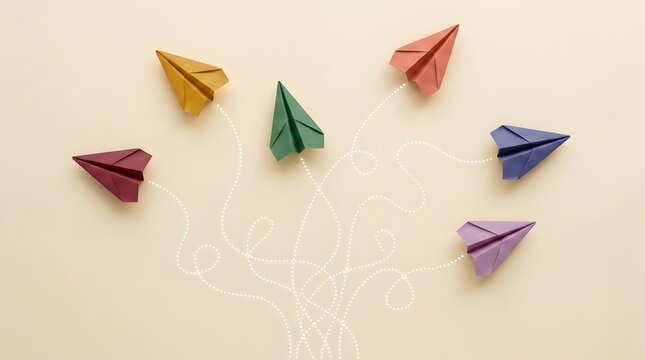 Colorful origami paper airplanes flying in different directions with dashed flight path lines.