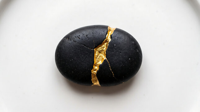 Black stone repaired with gold lines embodies kintsugi philosophy of embracing imperfections and celebrating resilience with golden repair.